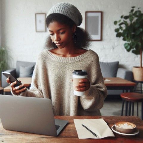 Creator researching how to identify brands open to sponsorships, with a laptop and coffee in a cozy workspace.