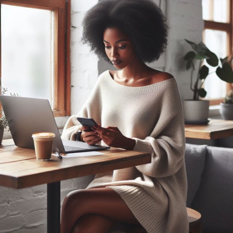 Ethnic_Content_Creator_Writing_Sponsorship_Working_On_Her_Phone_Creators_Funded